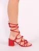 Freya Knotted Strappy Block Heeled Sandals in Red Faux Suede sold by Public Desire