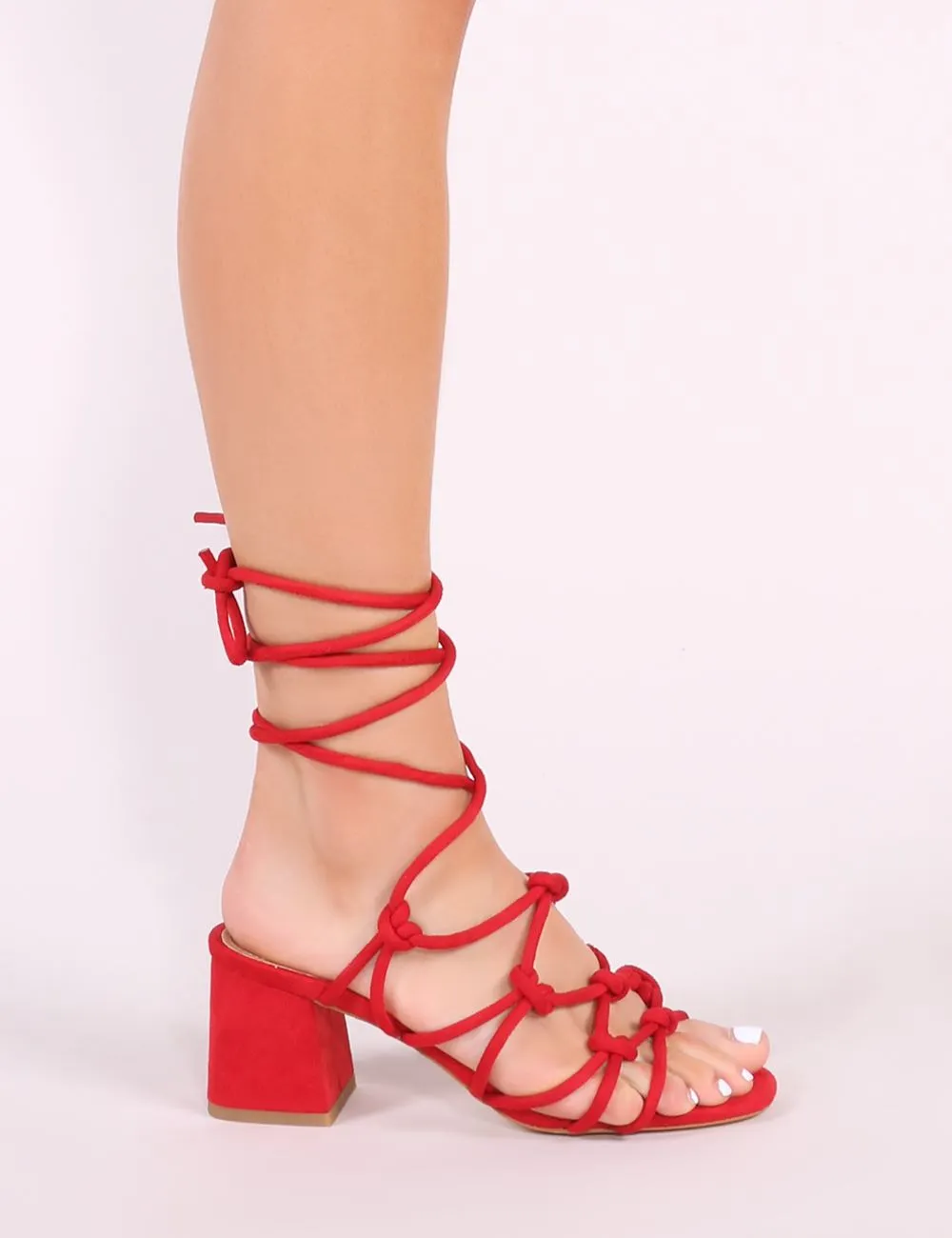 Freya Knotted Strappy Block Heeled Sandals in Red Faux Suede sold by Public Desire product image thumbnail 5