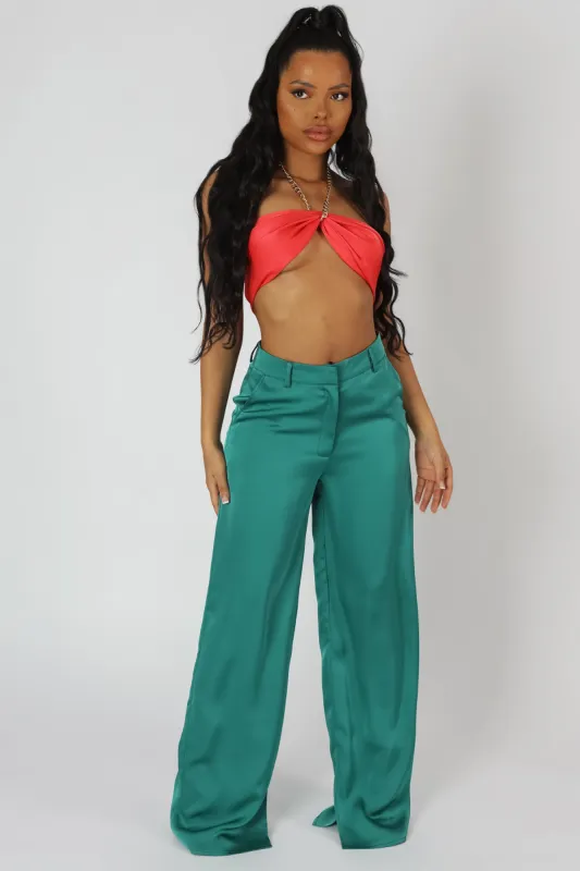 Wide Leg Split Hem Satin Tailored Trousers Green sold by Public Desire