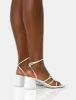 Dayla Wide Fit White PU Strappy Square Toe Block Mid Heel Sandals sold by Public Desire