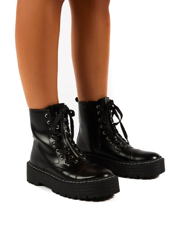 Blake Black PU Lace Up Chunky Sole Ankle Boots sold by Public Desire