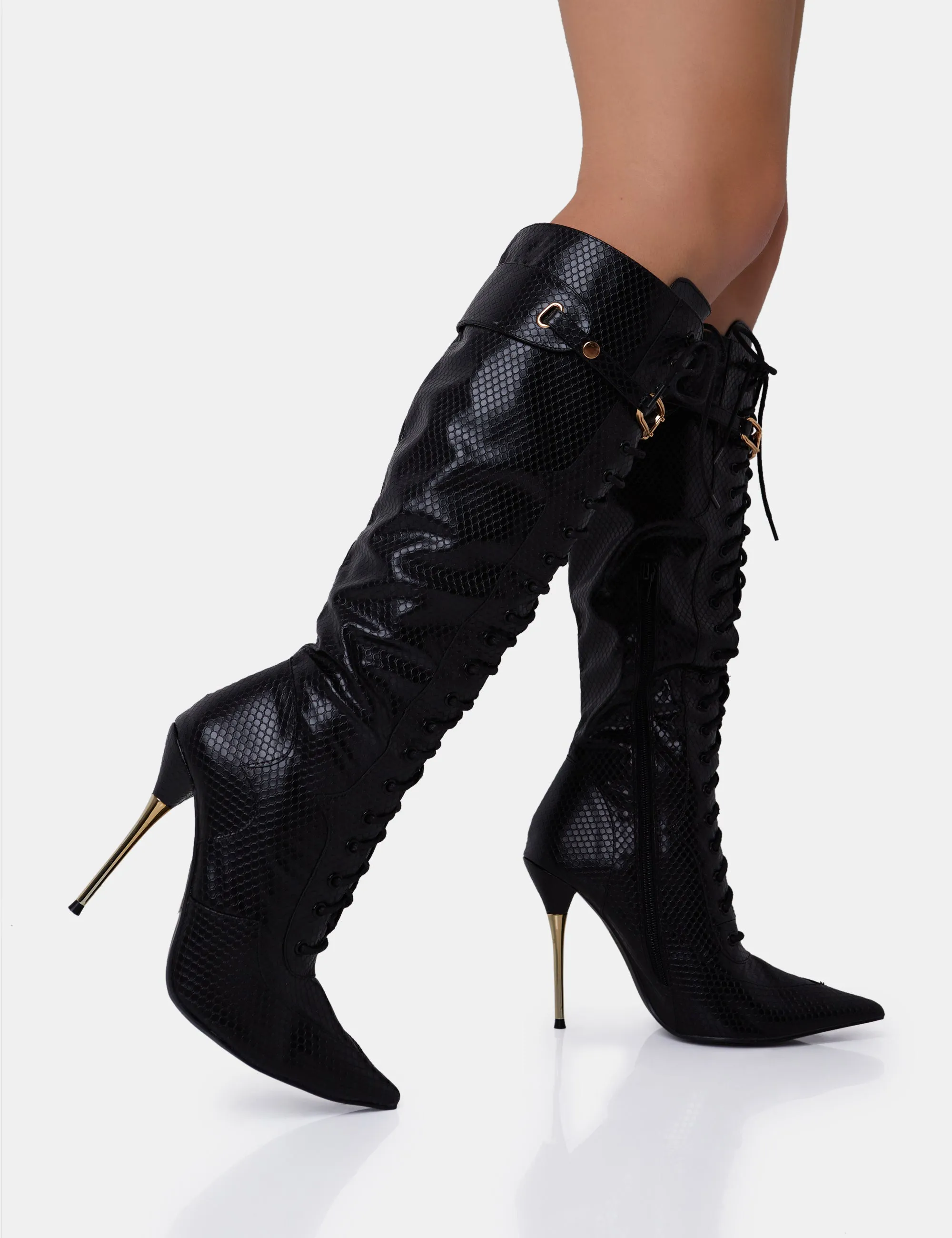 Infatuated Black Croc Lace Up Buckle Feature Stiletto Knee High Boots sold by Public Desire product image thumbnail 2
