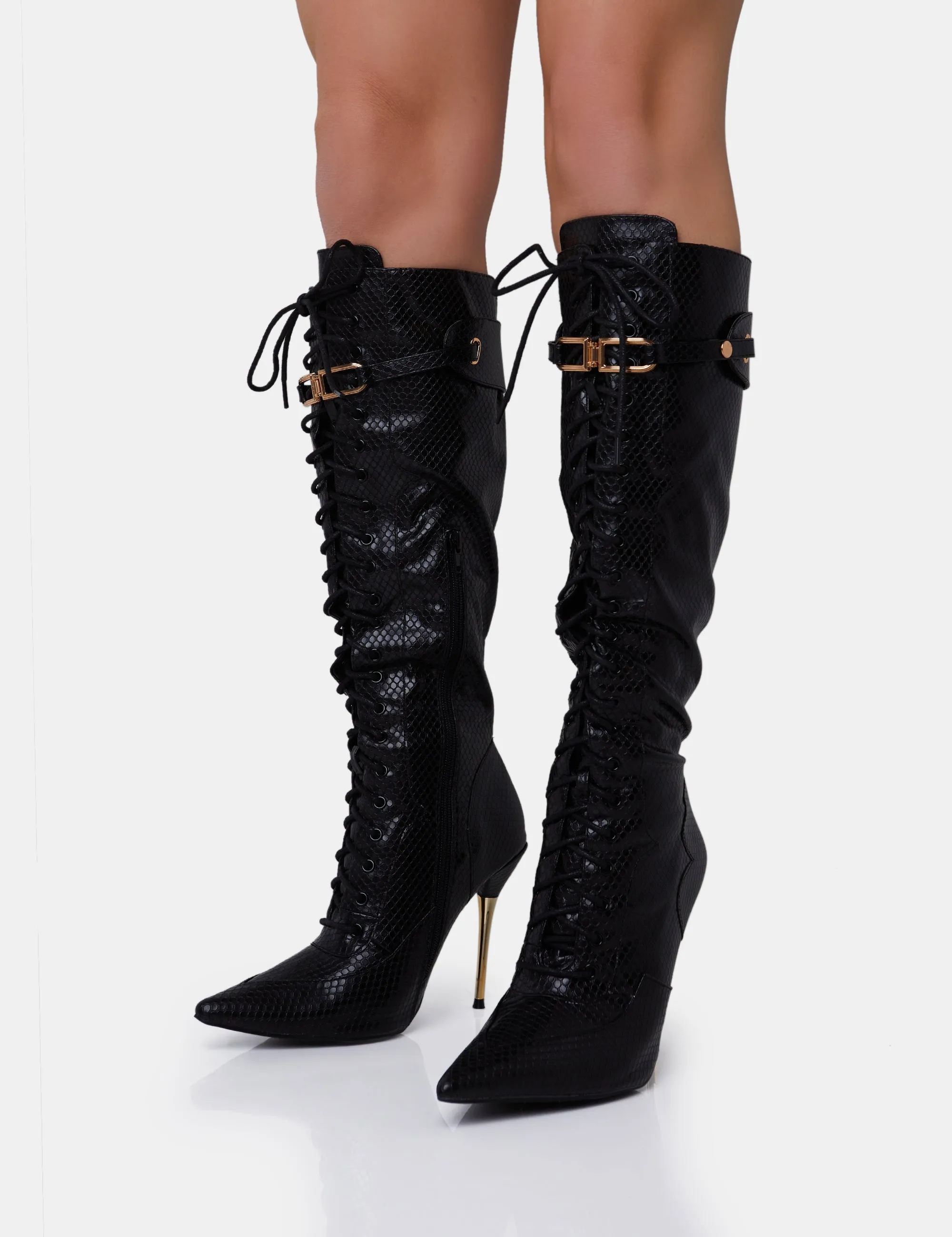 Infatuated Black Croc Lace Up Buckle Feature Stiletto Knee High Boots sold by Public Desire product image thumbnail 3