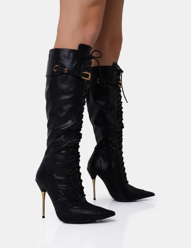 Infatuated Black Croc Lace Up Buckle Feature Stiletto Knee High Boots sold by Public Desire