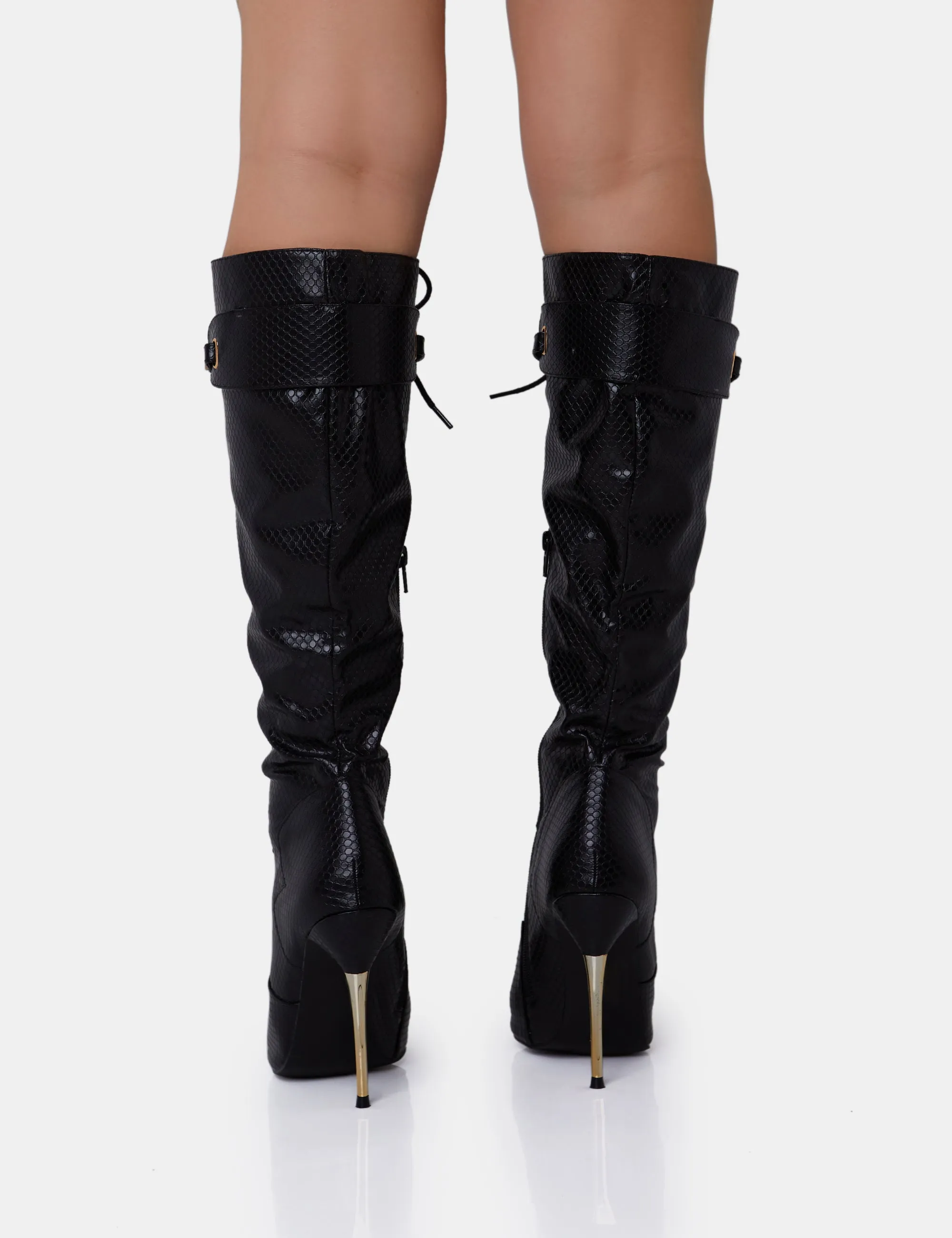Infatuated Black Croc Lace Up Buckle Feature Stiletto Knee High Boots sold by Public Desire product image thumbnail 4