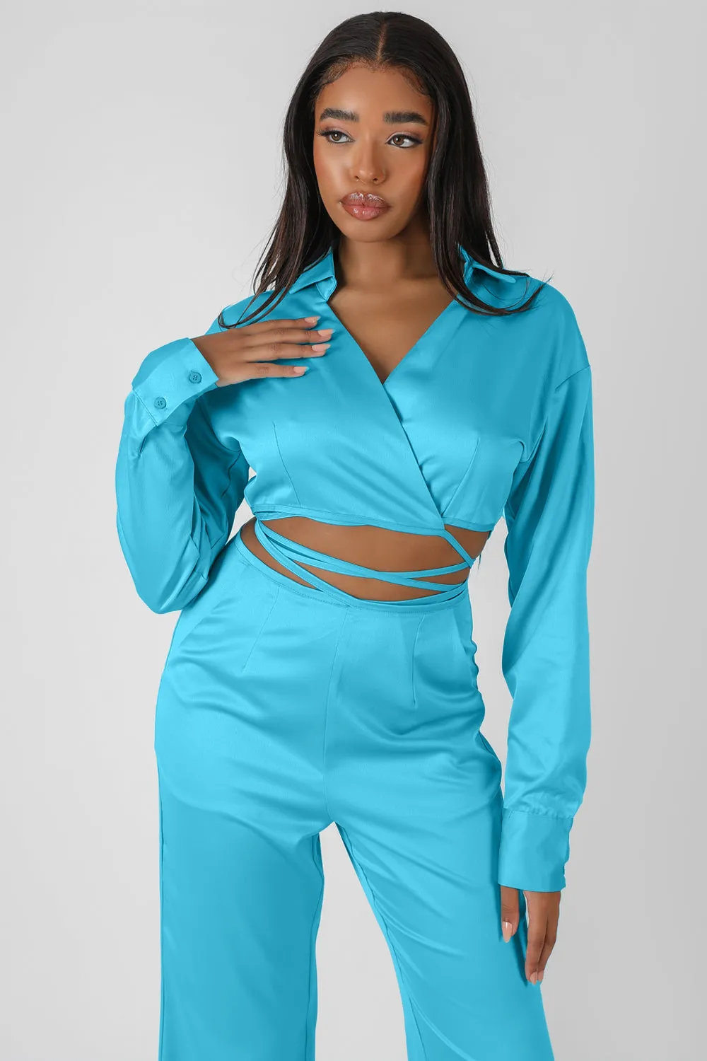Wrap Cropped Shirt Blue sold by Public Desire