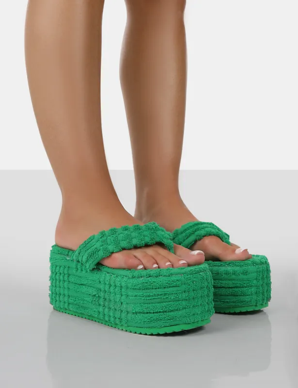 Nell Green Terry Towelling Platform Wedge Flip Flop Sandals sold by Public Desire