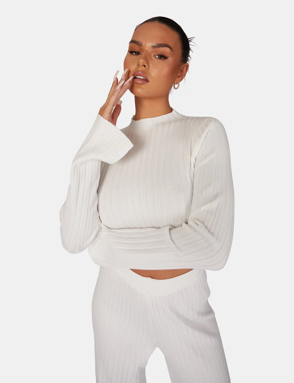 Long Sleeve High Neck Ribbed Knitted Crop Top White sold by Public Desire