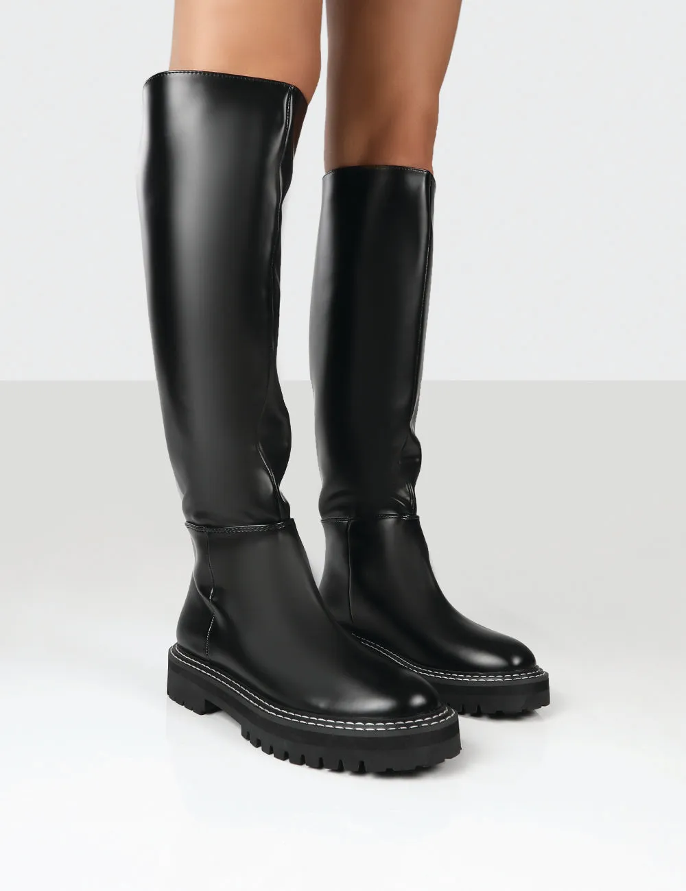 Dana Black Pu Chunky Sole Knee High Boots sold by Public Desire