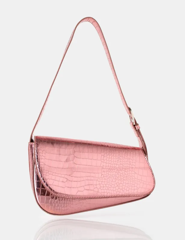 The Loz Metallic Pink Croc Asymmetric Shoulder Bag sold by Public Desire