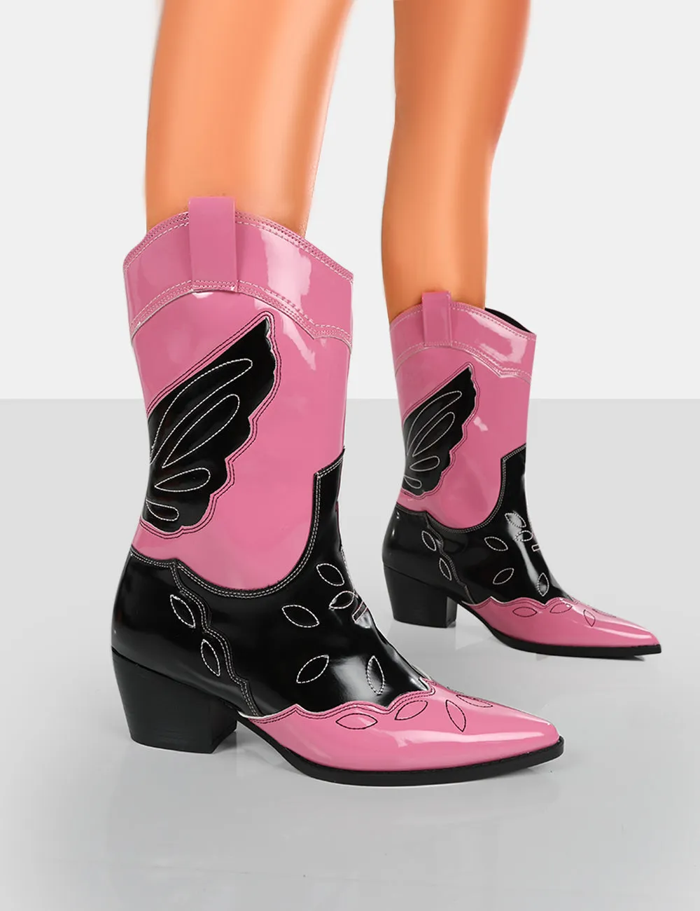 Howdy Pink Patent Pointed Toe Western Cowboy Block Ankle Boots sold by Public Desire