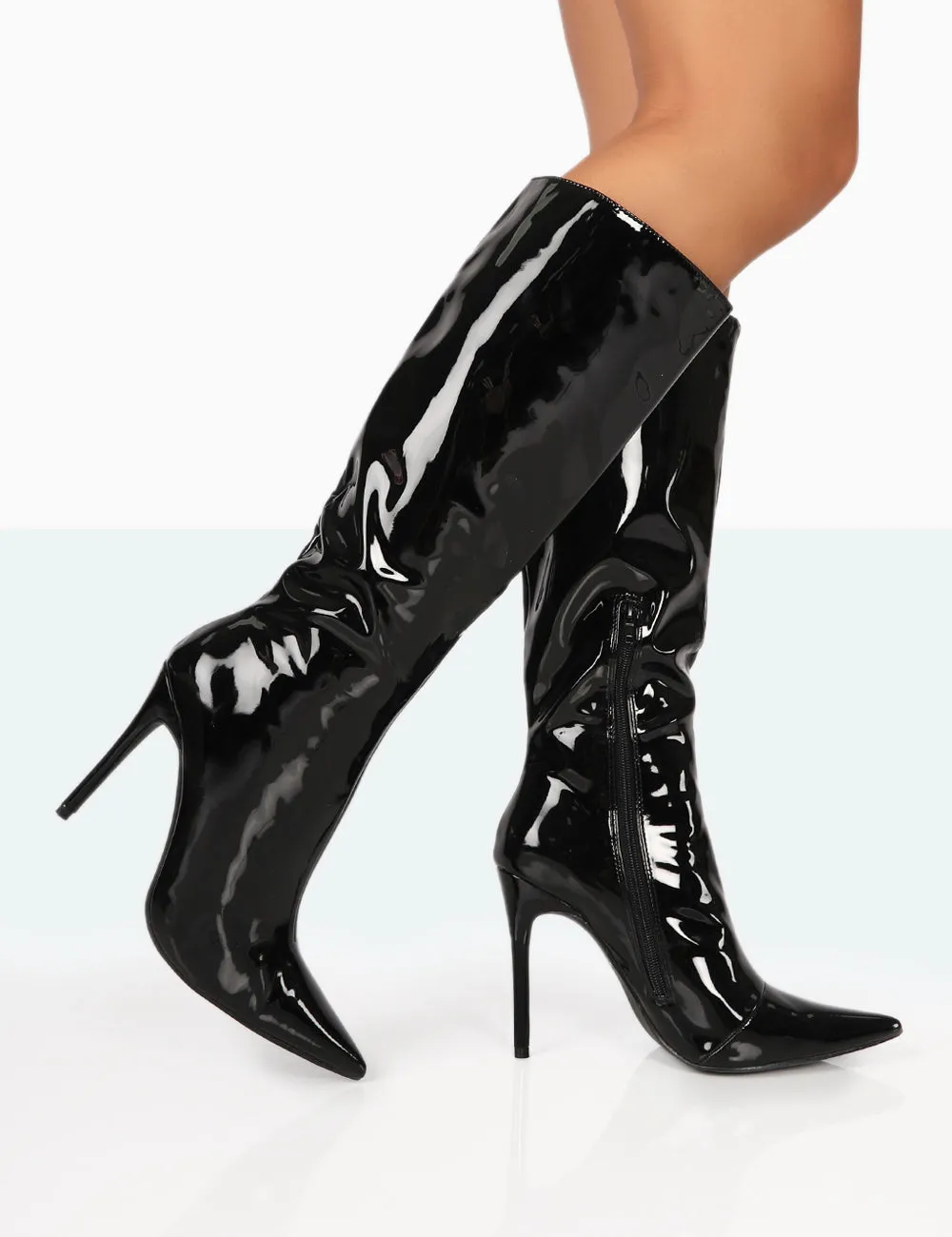 Horizon Black Patent Stiletto Knee High Pointed Heeled Boots sold by Public Desire