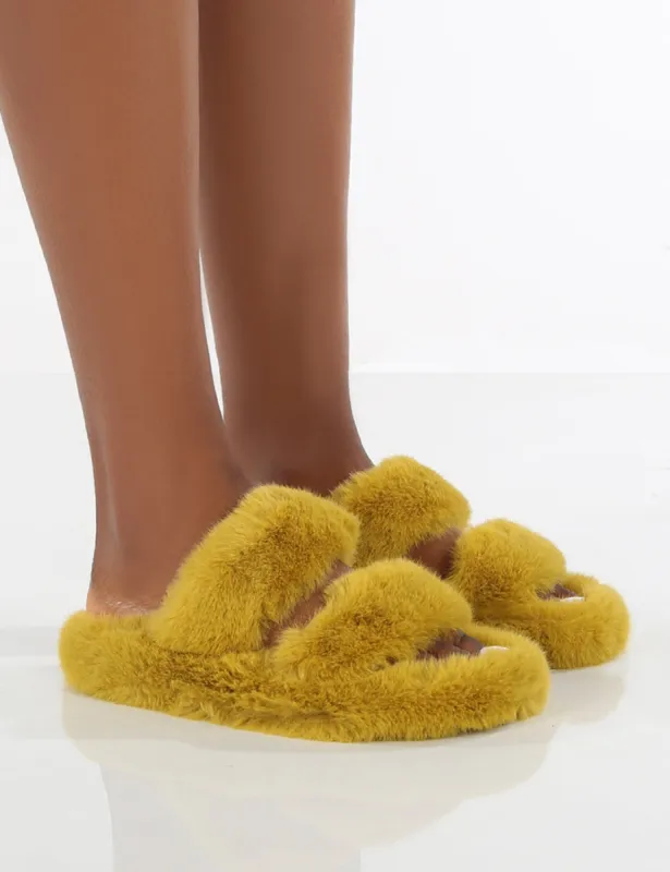 Bunny Mustard Double Strap Fluffy Slippers sold by Public Desire
