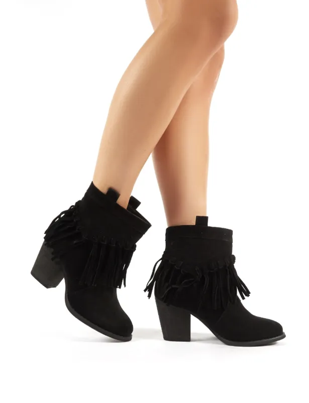 Jossa Black Faux Suede Fringed Heeled Western Ankle Boots sold by Public Desire