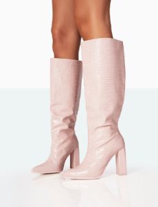 Posie Baby Pink Croc PU Knee high Block Heel Boots sold by Public Desire
