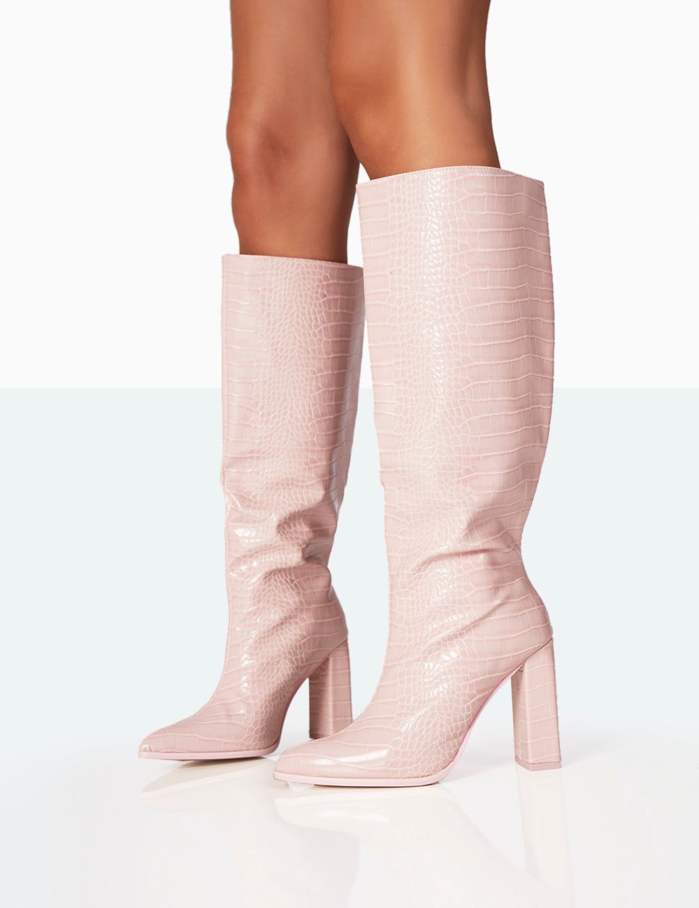 Posie Baby Pink Croc PU Knee high Block Heel Boots sold by Public Desire product image thumbnail 3