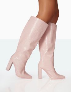 Posie Baby Pink Croc PU Knee high Block Heel Boots sold by Public Desire