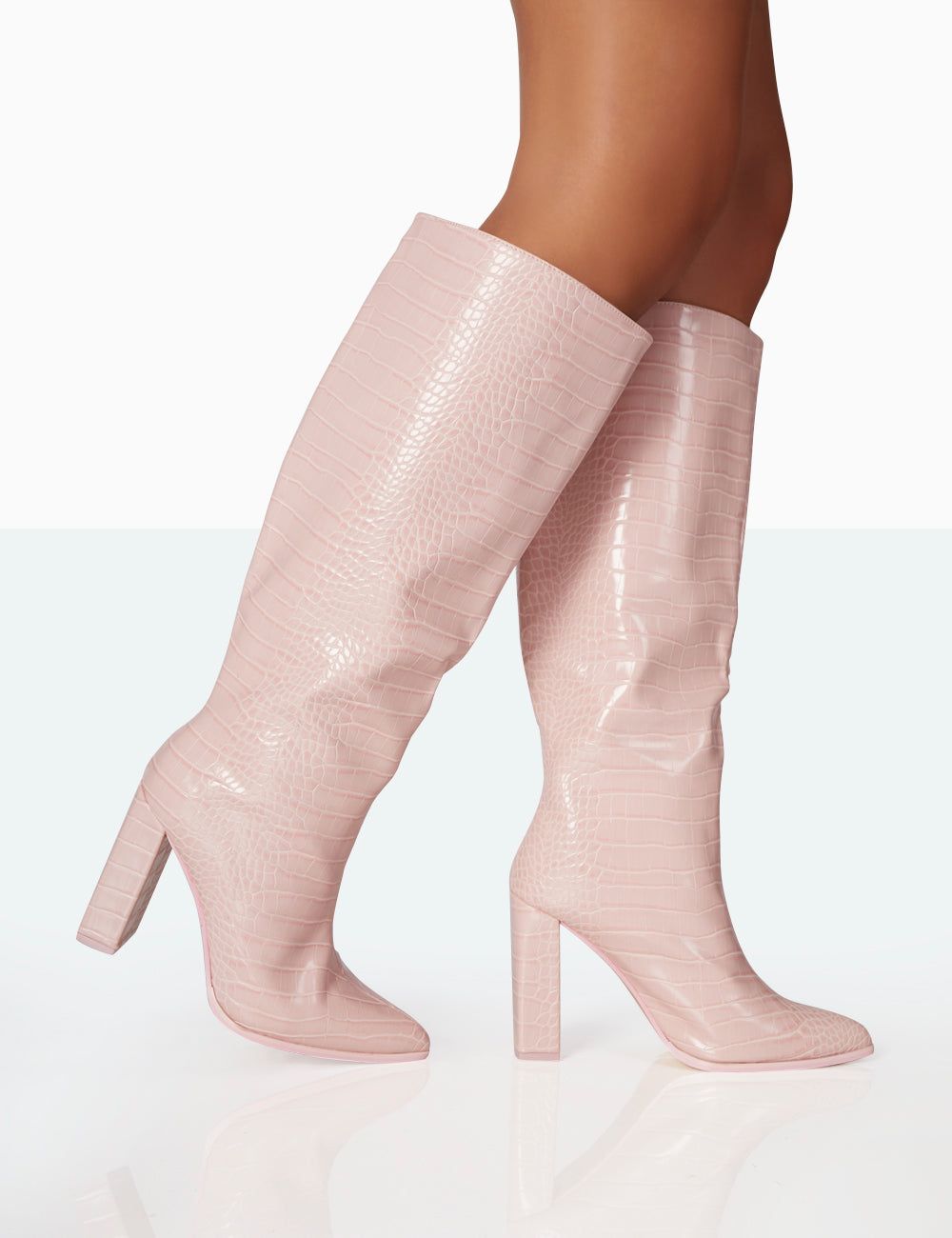 Posie Baby Pink Croc PU Knee high Block Heel Boots sold by Public Desire product image thumbnail 2