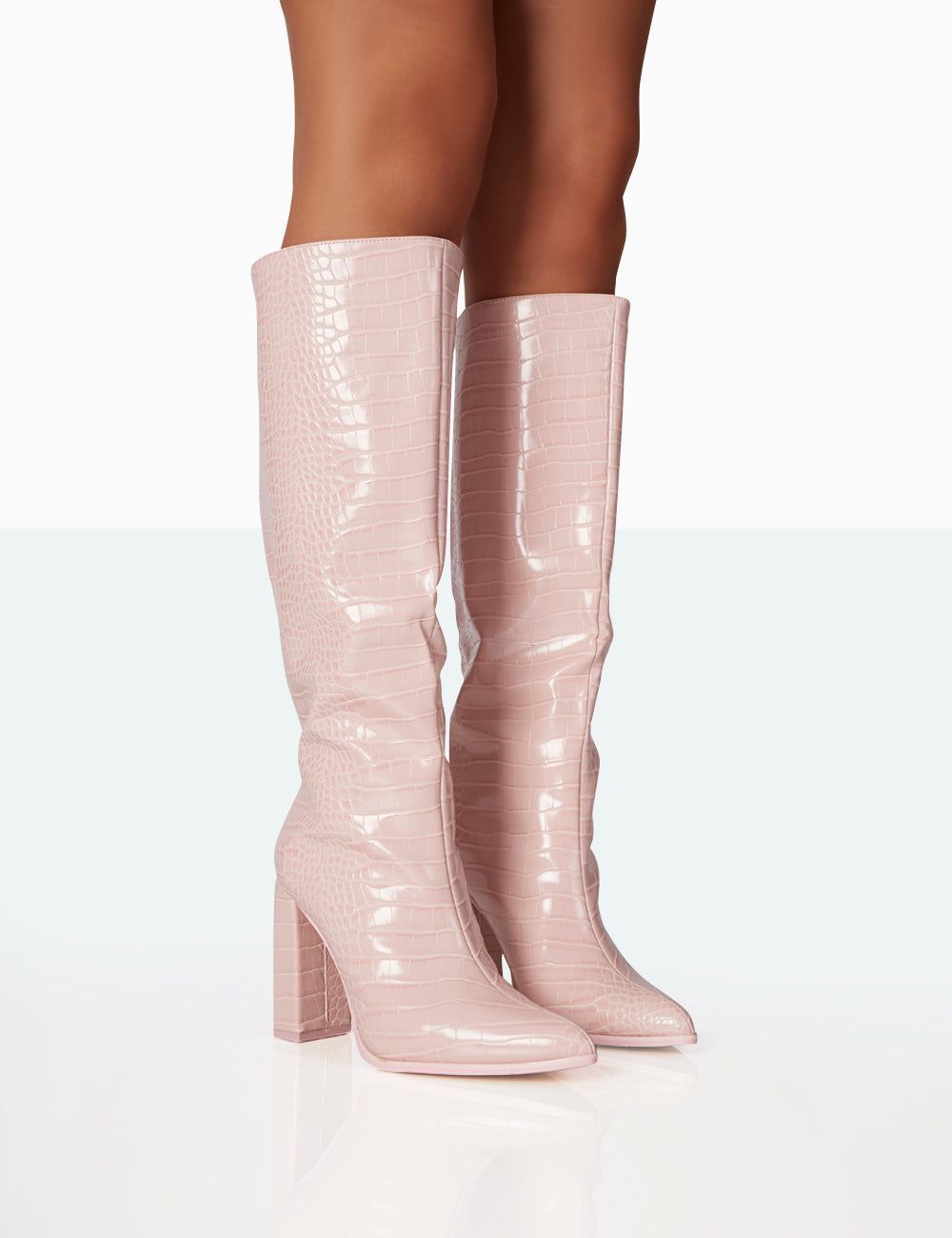Posie Baby Pink Croc PU Knee high Block Heel Boots sold by Public Desire