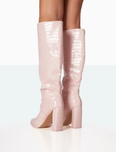 Posie Baby Pink Croc PU Knee high Block Heel Boots sold by Public Desire