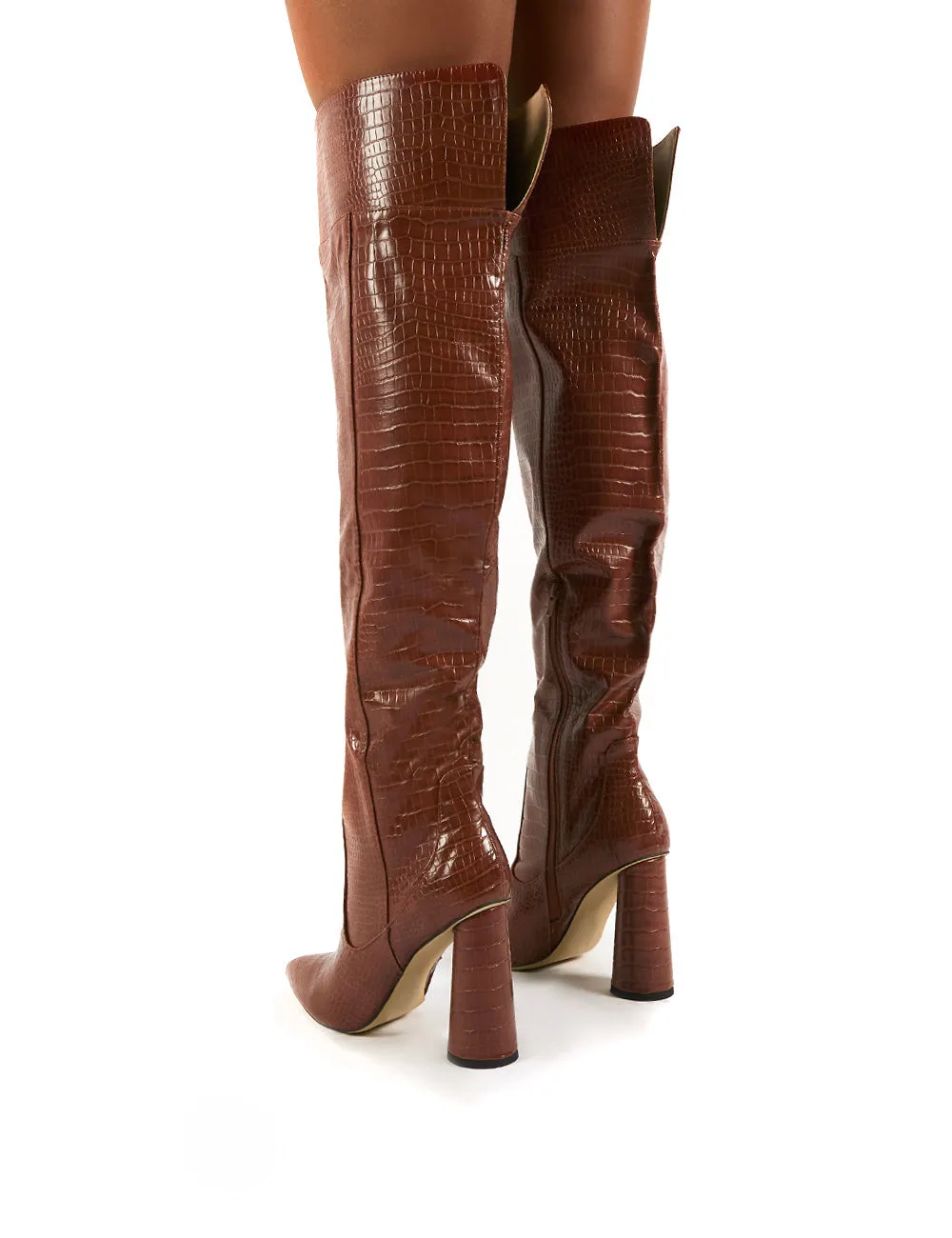Hometown Wide Fit Tan Croc Over The Knee Heeled Boots sold by Public Desire product image thumbnail 2