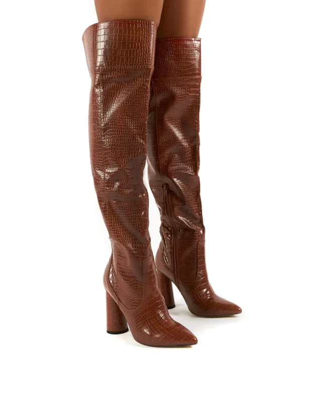 Hometown Wide Fit Tan Croc Over The Knee Heeled Boots sold by Public Desire