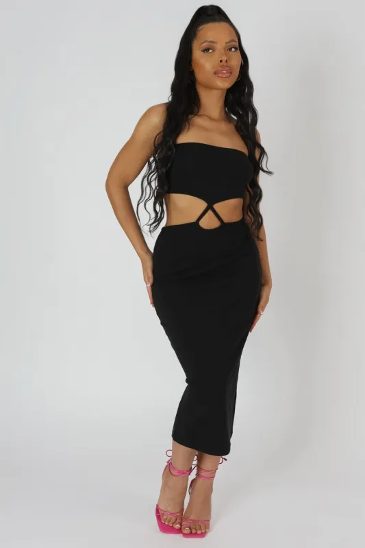 Strapless Bandeau Cut Out Detail Midi Dress Black sold by Public Desire