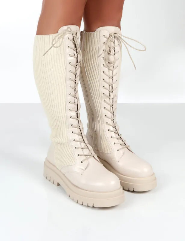 Joslyn Beige Knee High Chunky Lace Up Boots sold by Public Desire