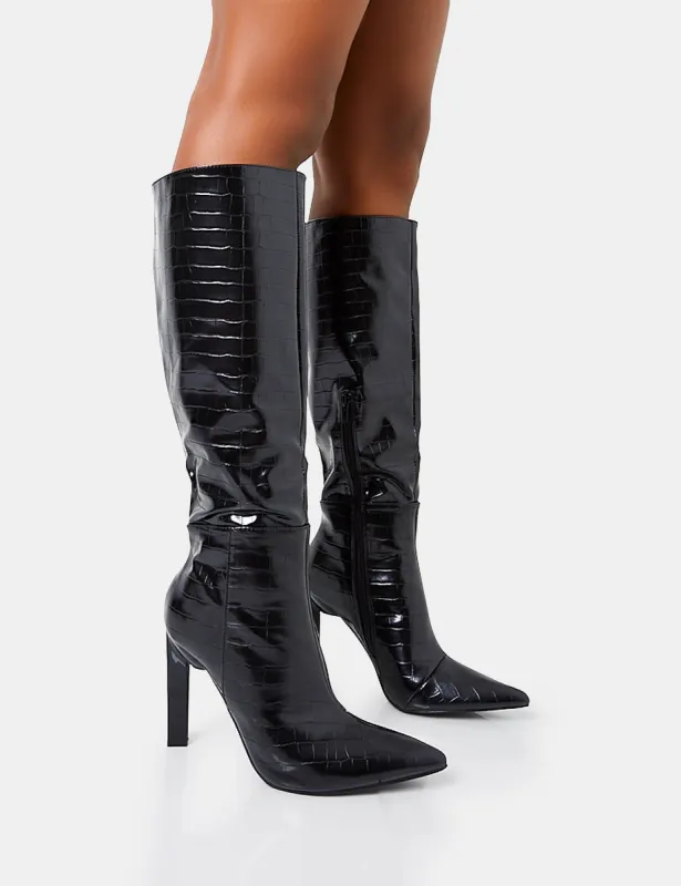 Unite Black Croc Pointed Toe  Knee High Block Heeled Boots sold by Public Desire