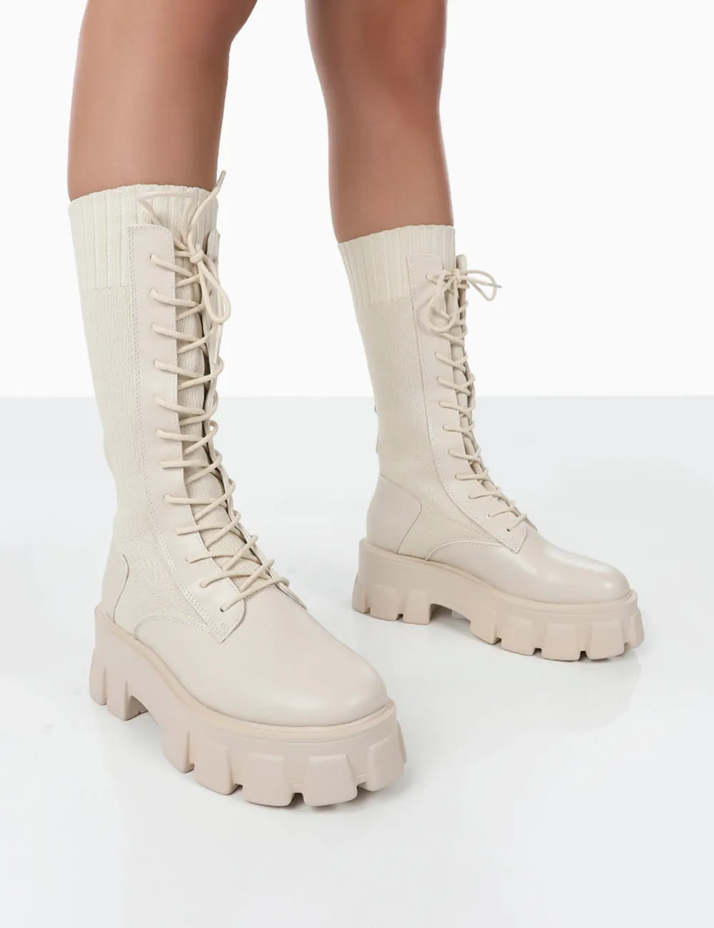 Hudson Putty PU Lace Up Chunky Knee High Boots sold by Public Desire