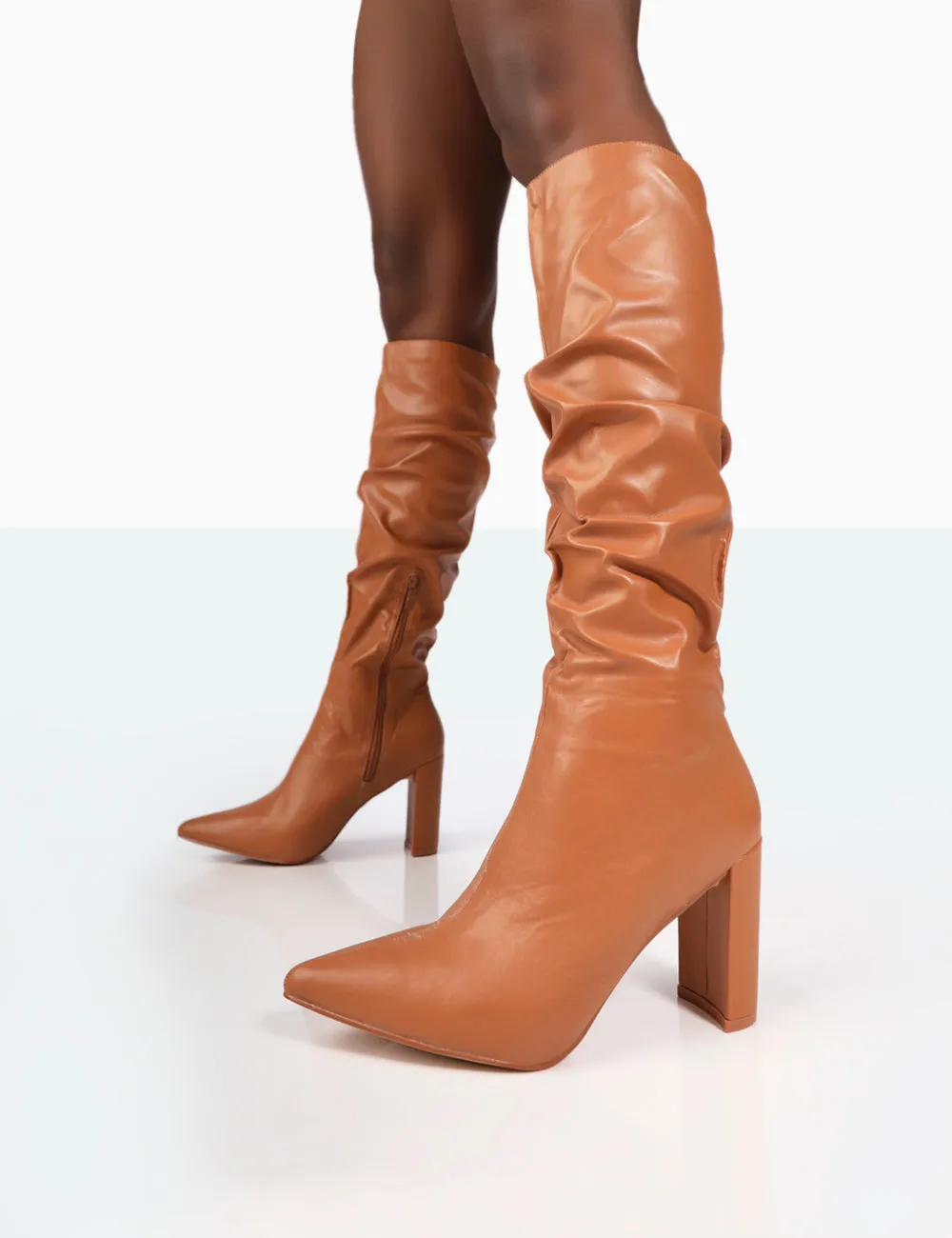 Mine Caramel PU Pointed Toe Block Heeled Knee High Boots sold by Public Desire product image thumbnail 2