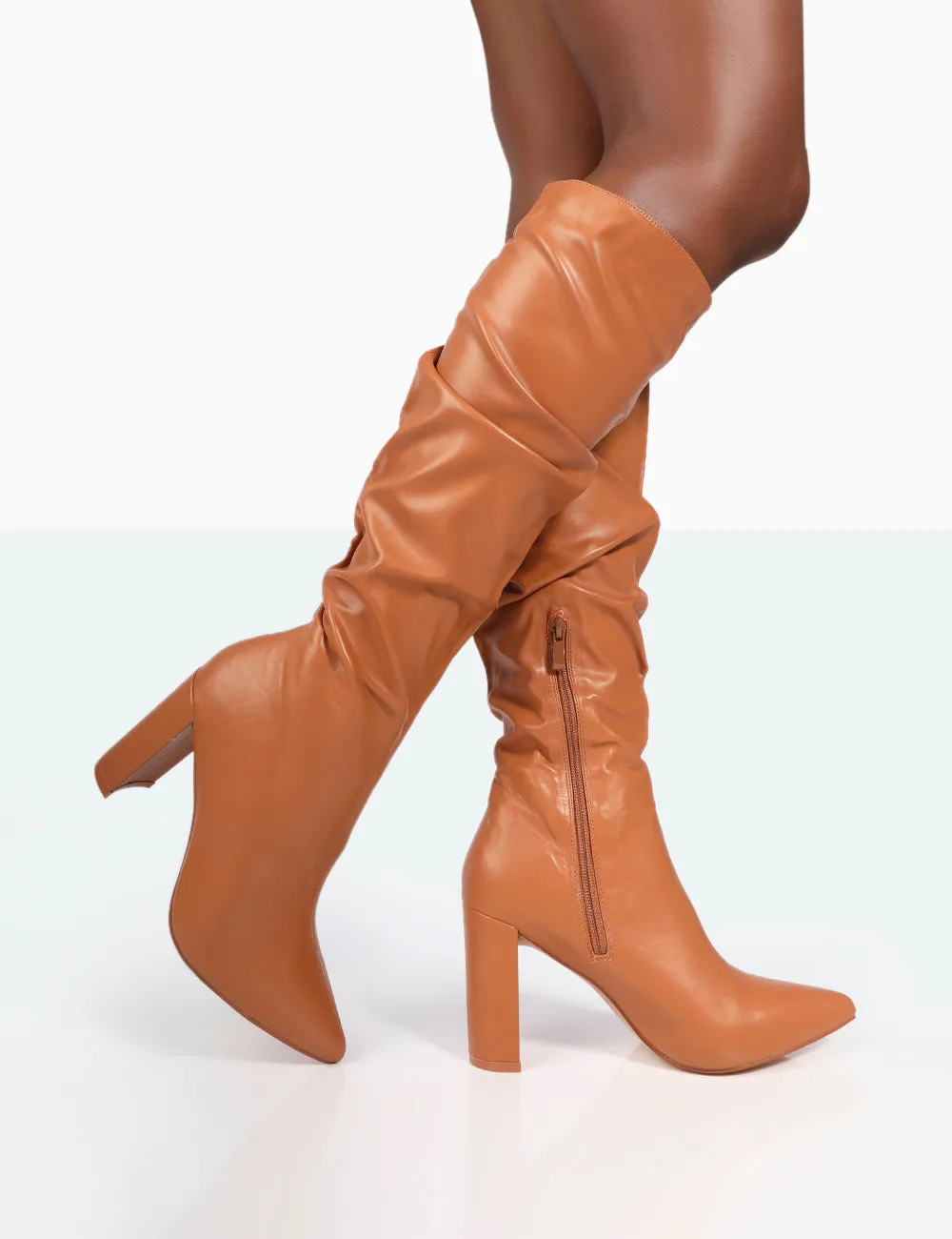 Mine Caramel PU Pointed Toe Block Heeled Knee High Boots sold by Public Desire