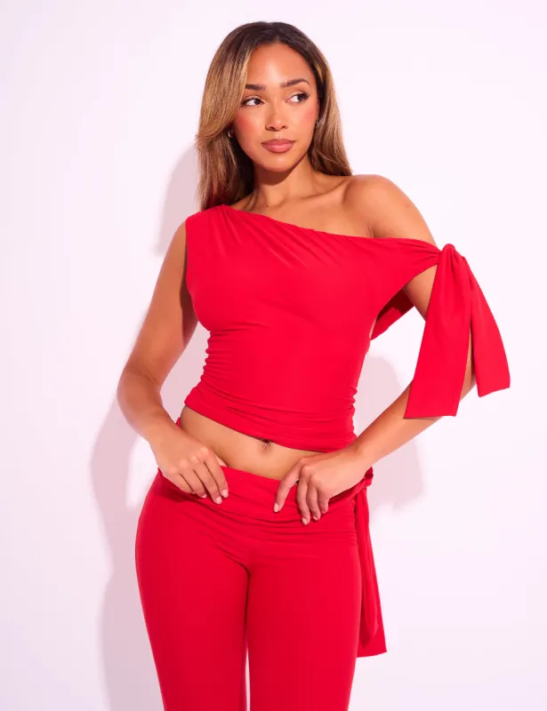 Knot Detail Asymmetric One Shoulder Luxe Slinky Top Red sold by Public Desire