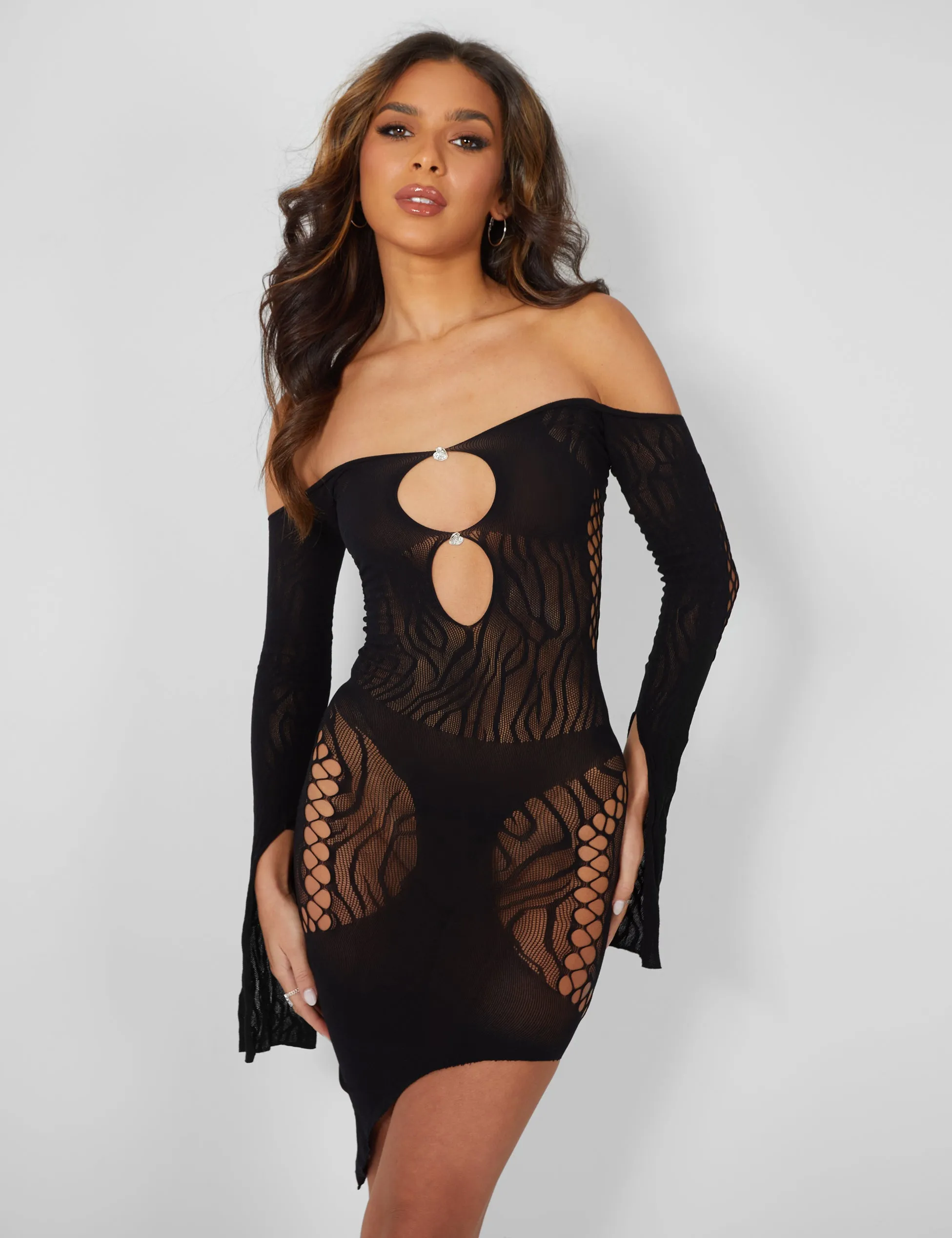 Mesh Panel Keyhole Off The Shoulder Asymmetric Mini Dress Black sold by Public Desire