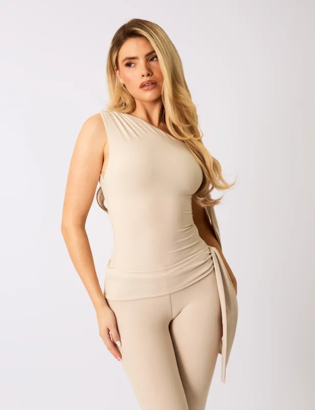 Knot Detail Asymmetric One Shoulder Luxe Slinky Top Stone sold by Public Desire