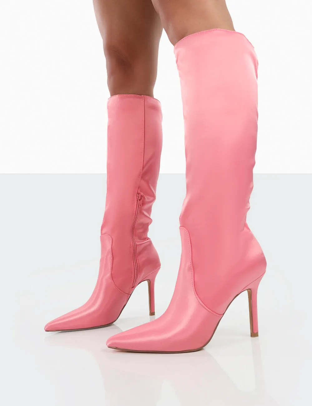 Best Believe Pink Satin Pointed Toe Stiletto Heeled Knee High Boots sold by Public Desire product image thumbnail 3