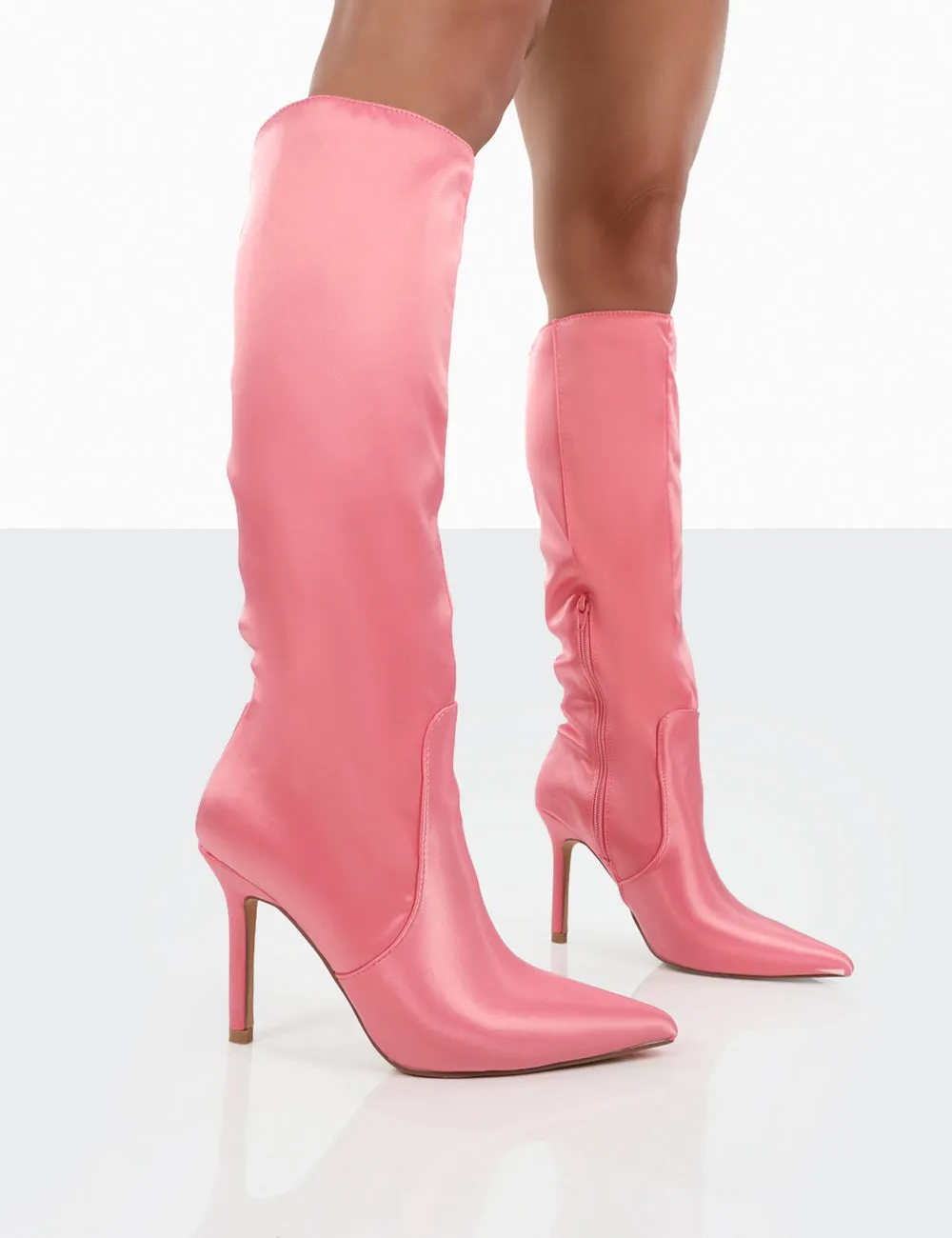 Best Believe Pink Satin Pointed Toe Stiletto Heeled Knee High Boots sold by Public Desire