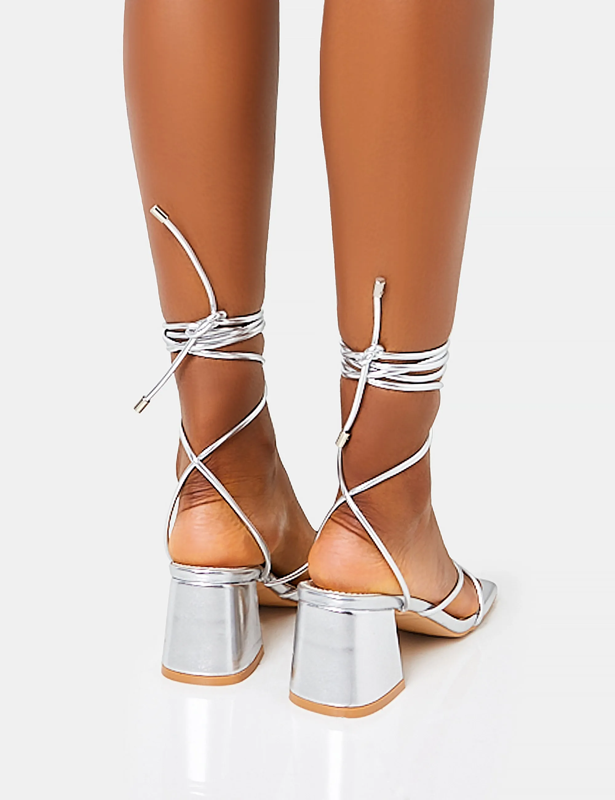 Aerin Wide Fit Silver Metallic Lace Up Strappy Block Mid Heels sold by Public Desire product image thumbnail 4