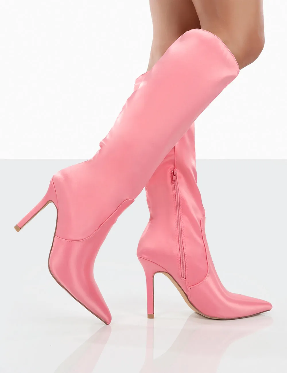 Best Believe Pink Satin Pointed Toe Stiletto Heeled Knee High Boots sold by Public Desire product image thumbnail 4