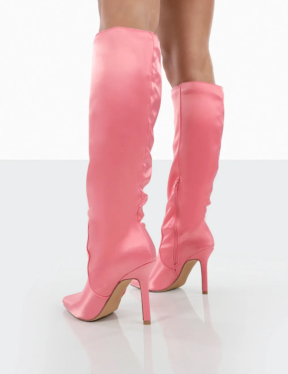 Best Believe Pink Satin Pointed Toe Stiletto Heeled Knee High Boots sold by Public Desire product image thumbnail 2