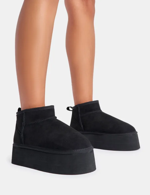 Willow Black Faux Suede Ultra Mini Ankle Triple Platform Boots sold by Public Desire