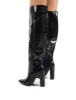 Indigo Black Croc Block Heeled Knee High Boots sold by Public Desire