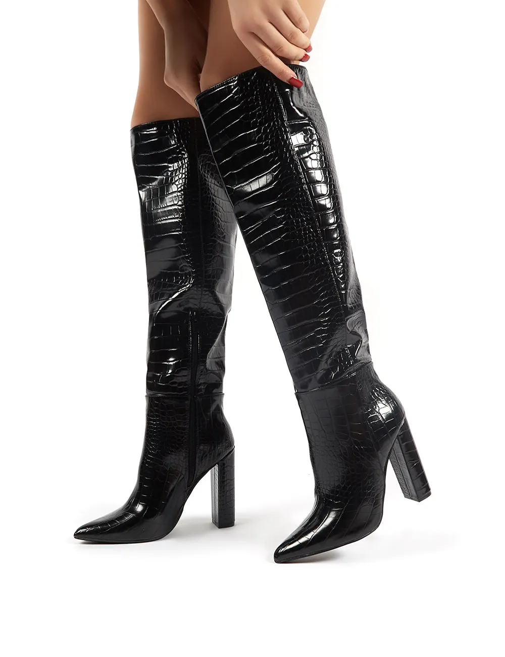 Indigo Black Croc Block Heeled Knee High Boots sold by Public Desire product image thumbnail 4