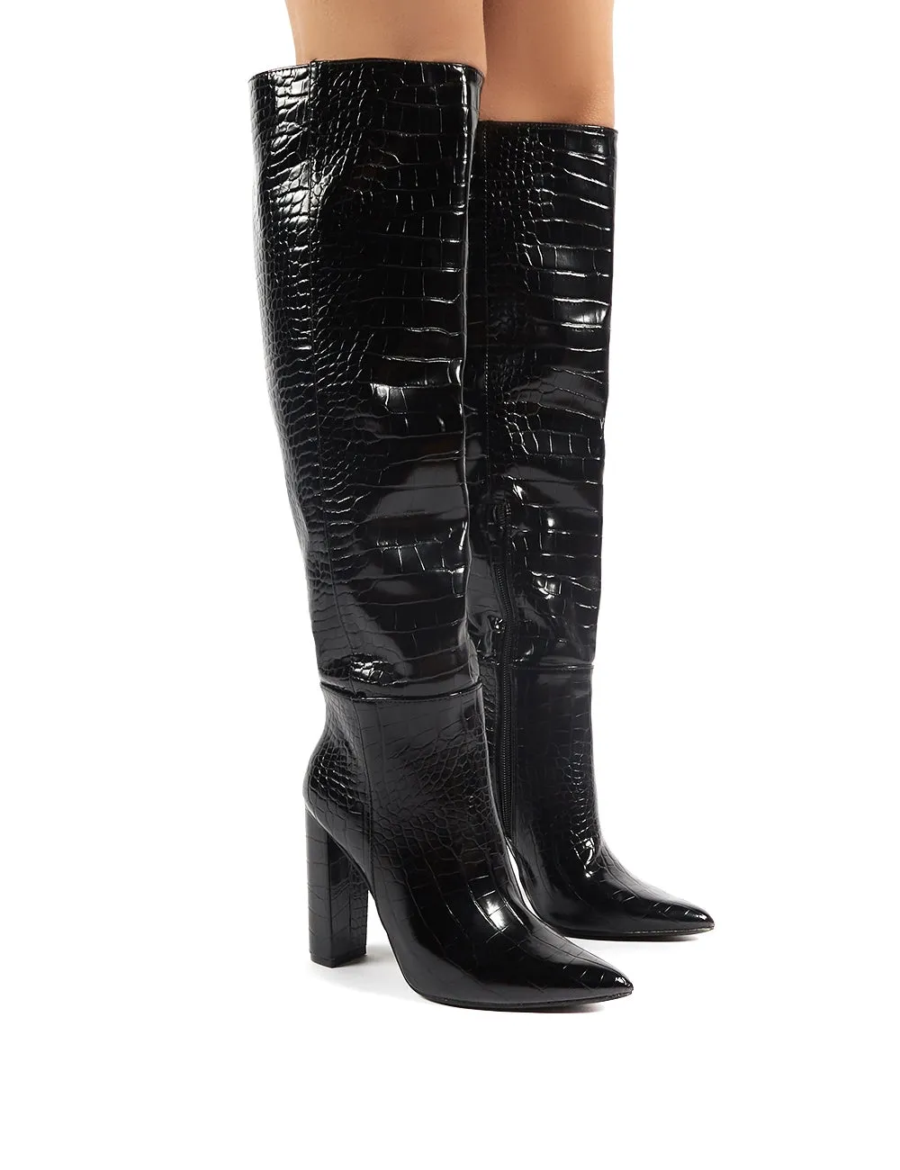 Indigo Black Croc Block Heeled Knee High Boots sold by Public Desire