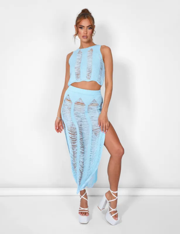 Ladder Detail Maxi Skirt Blue sold by Public Desire