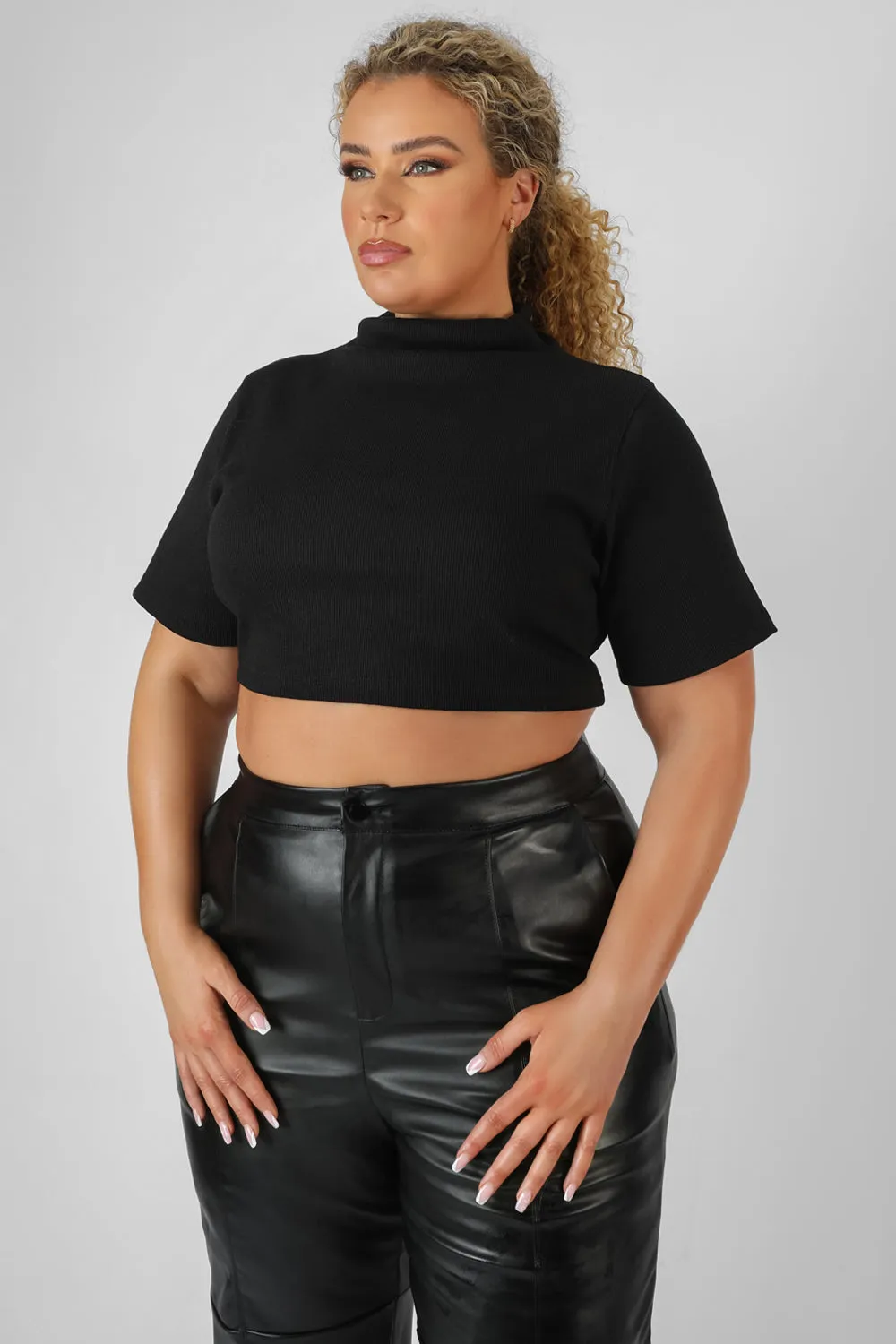 Curve High Neck Ribbed Cropped T Shirt Black sold by Public Desire product image thumbnail 5