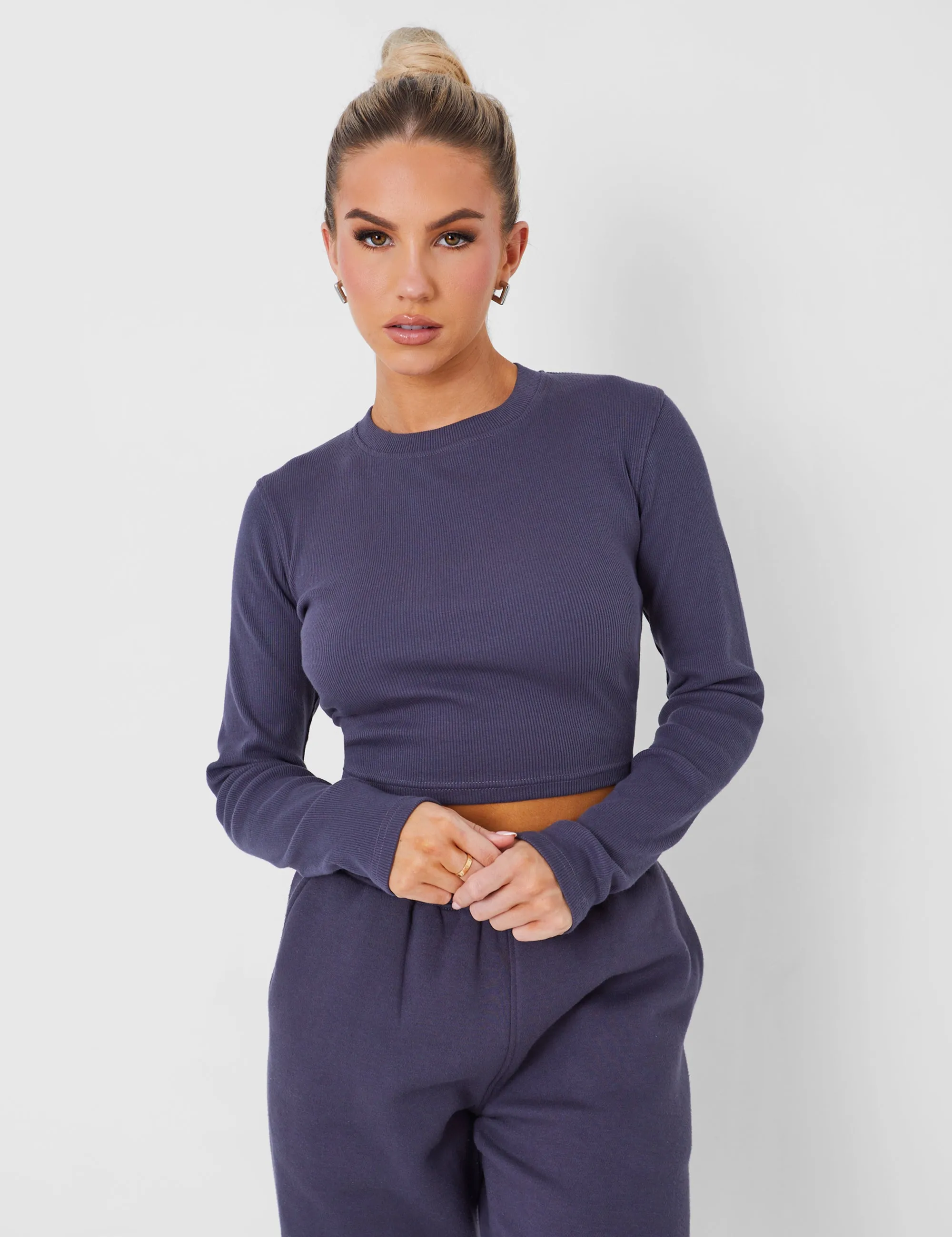 Long Sleeve Ribbed Top Dark Grey sold by Public Desire