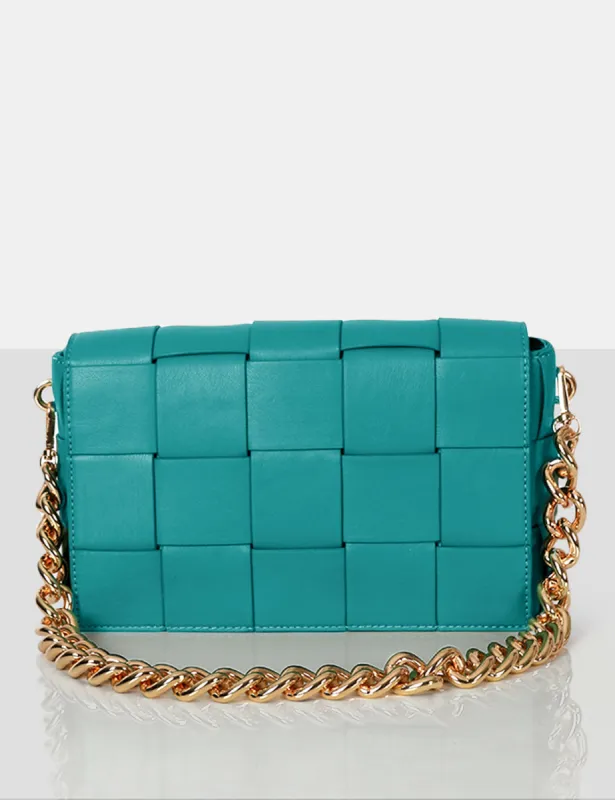 The Mayan Teal Weave Gold Chain Detail Shoulder Bag sold by Public Desire