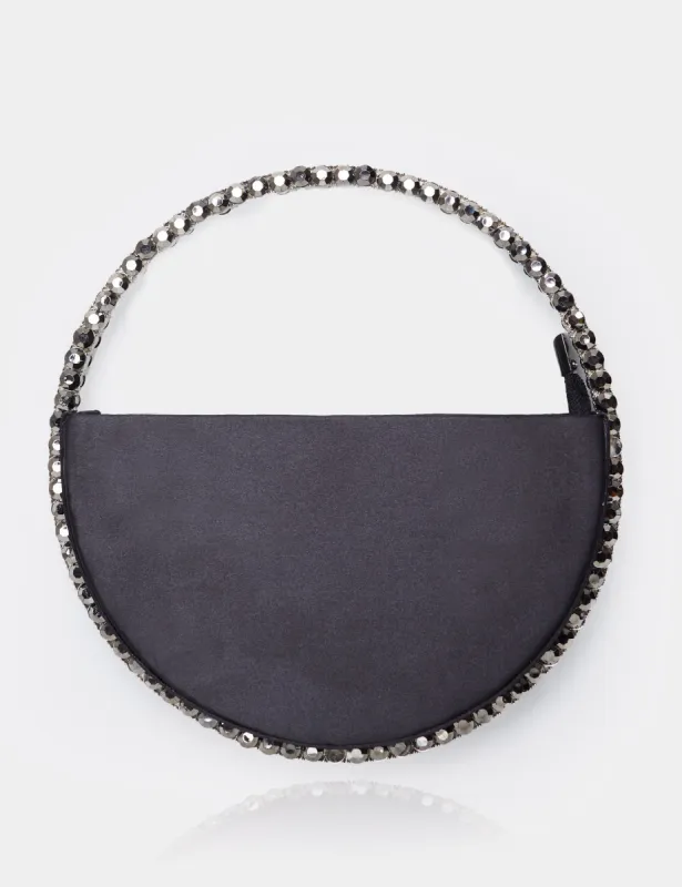 The Alessia Black Satin Circle Diamante Mini Handbag sold by Public Desire