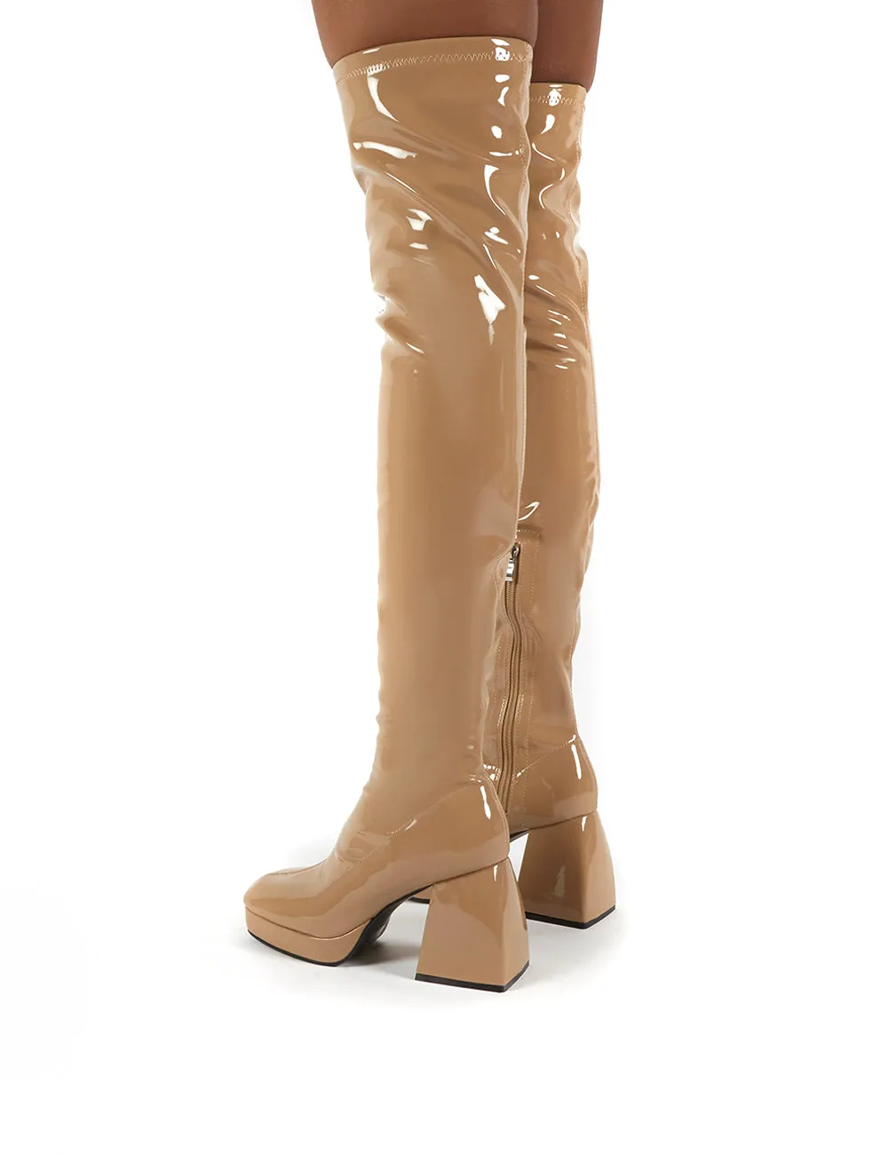 Chrome Camel Patent Chunky Heel Over The Knee Boots sold by Public Desire product image thumbnail 4